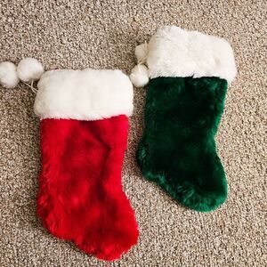 VTG Set Of Two  Green & Red Fluffy Faux Fur Christmas Stockings.